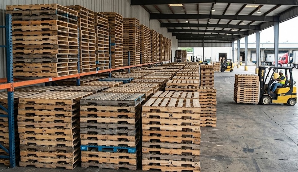 Plastic pallets stacked at Norwalk Pallets warehouse