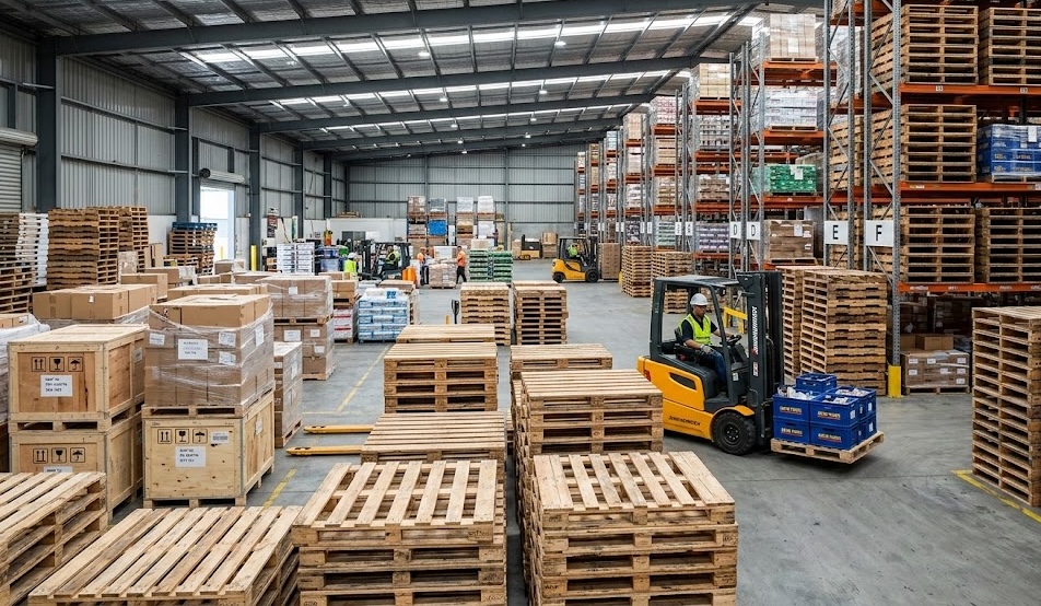 Norwalk Pallets delivery truck loaded with Grade B used pallets